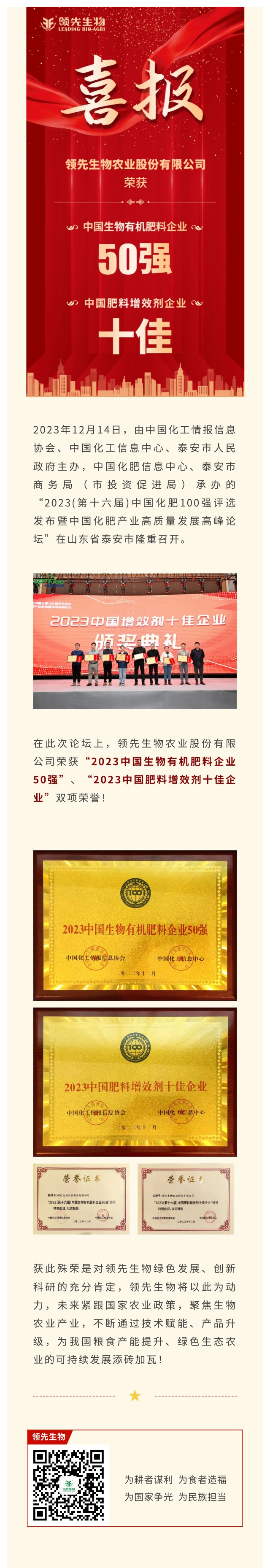 實(shí)力上榜 | 領(lǐng)先生物榮獲2023中國(guó)生物有機(jī)肥料企業(yè)50強(qiáng)！中國(guó)肥料增效劑十佳企業(yè)！